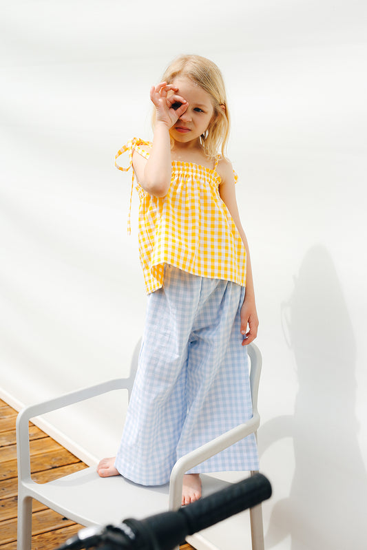 bluzka na wiązanych ramiączkach w biało-żółtą kratkę