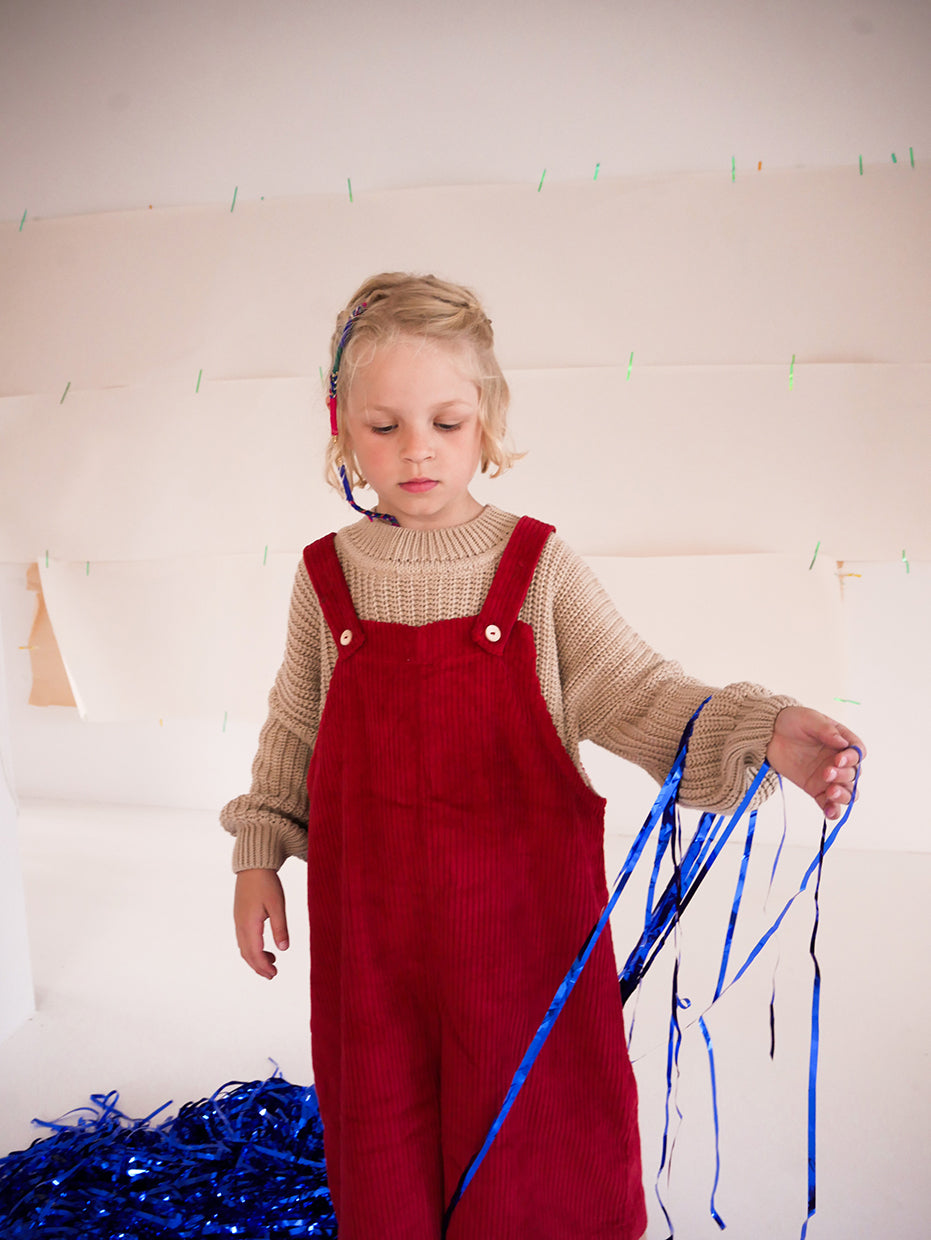dark red dungarees with wide legs- cloth took part in photo session