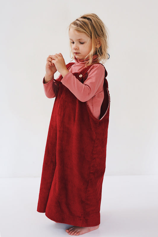 dark red dungarees with wide legs- cloth took part in photo session