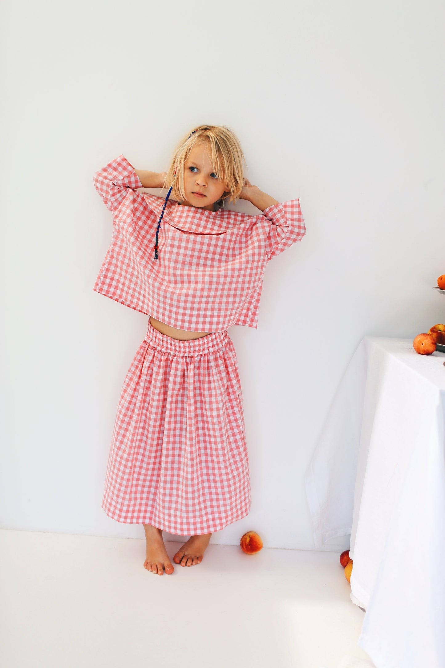 spódniczka midi w biało-różową kratkę