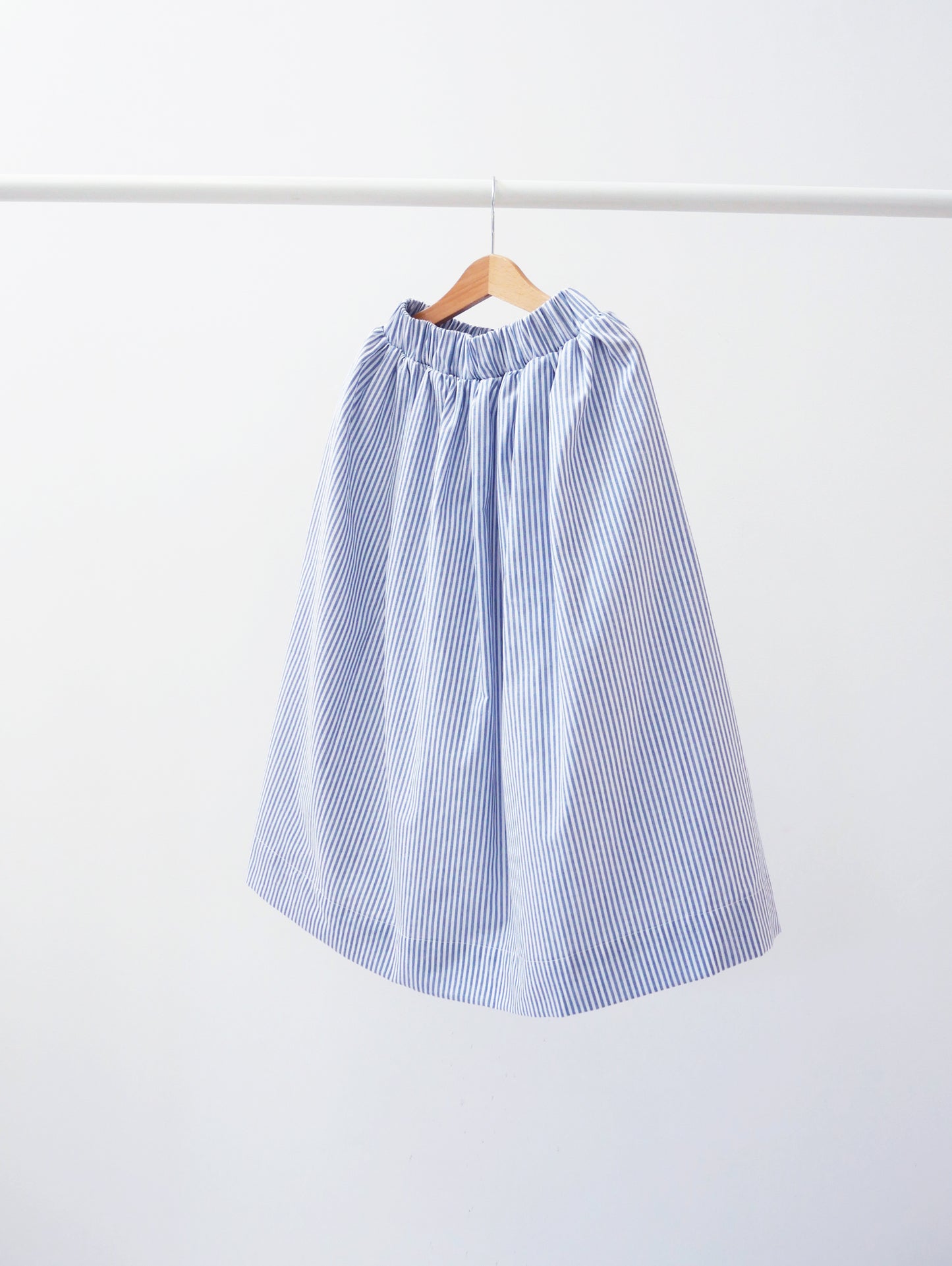 midi skirt with white and blue stripes