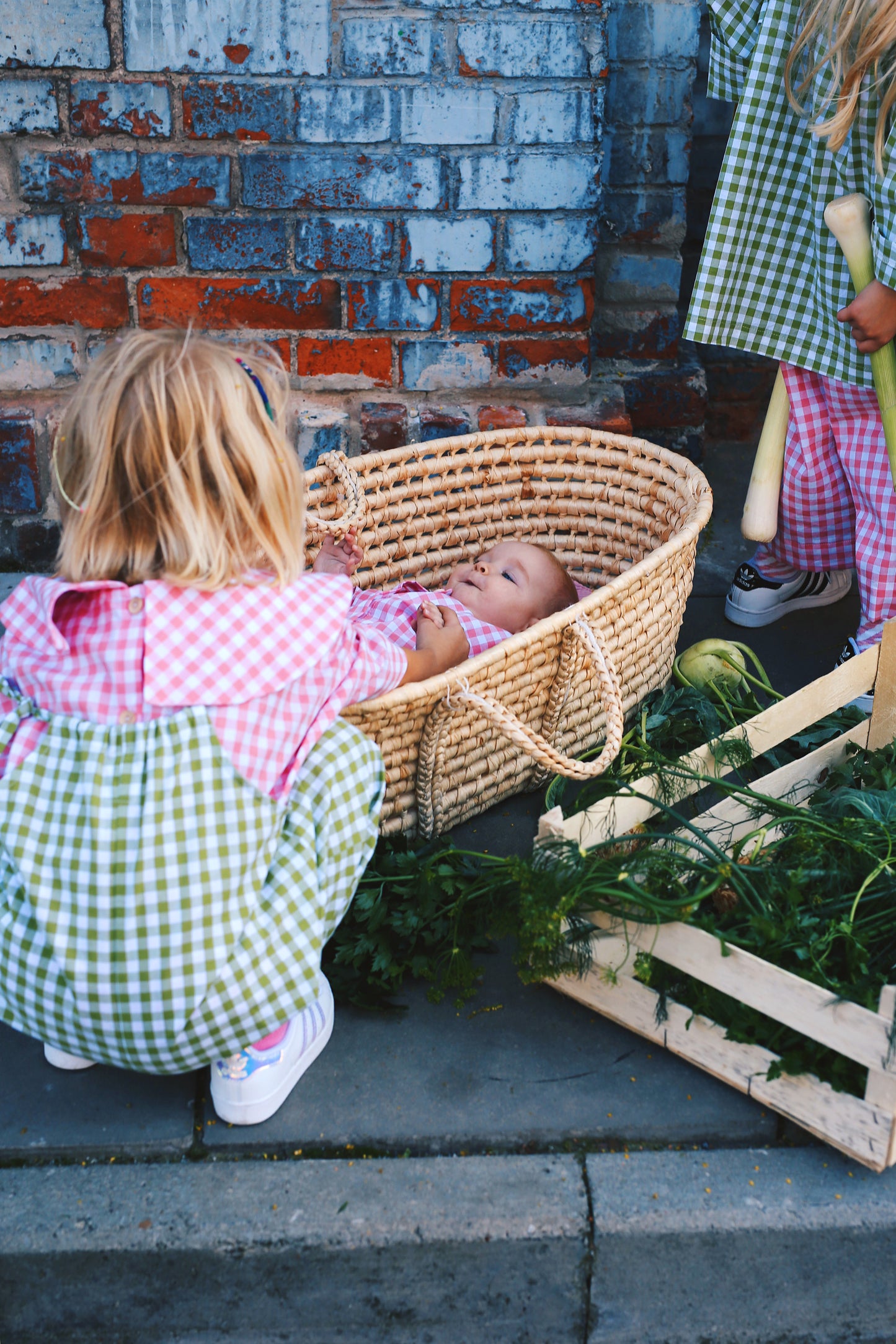 overall, white and pink check